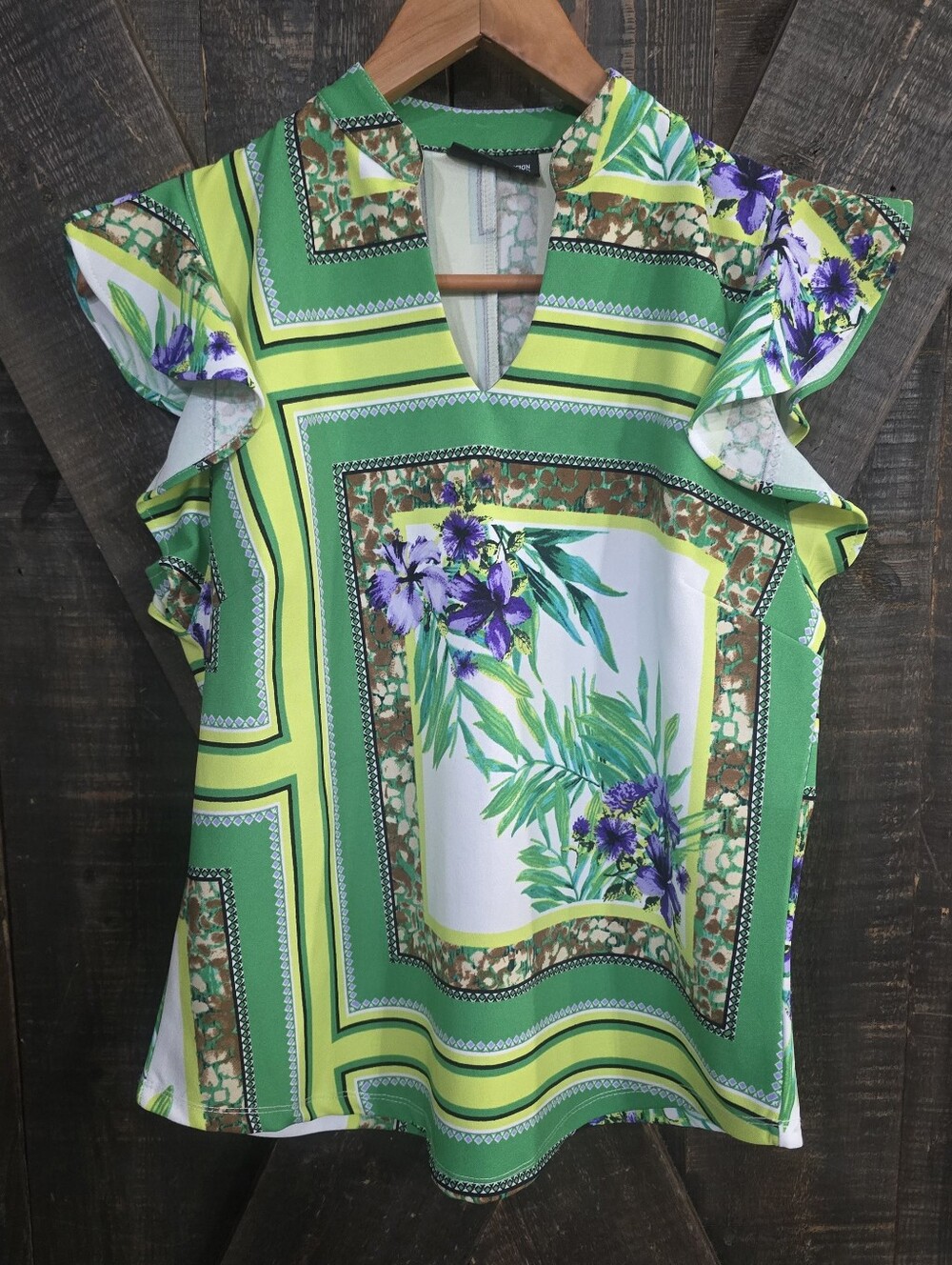 New York & Company Green and Yellow Floral Flutter Sleeve Blouse Small